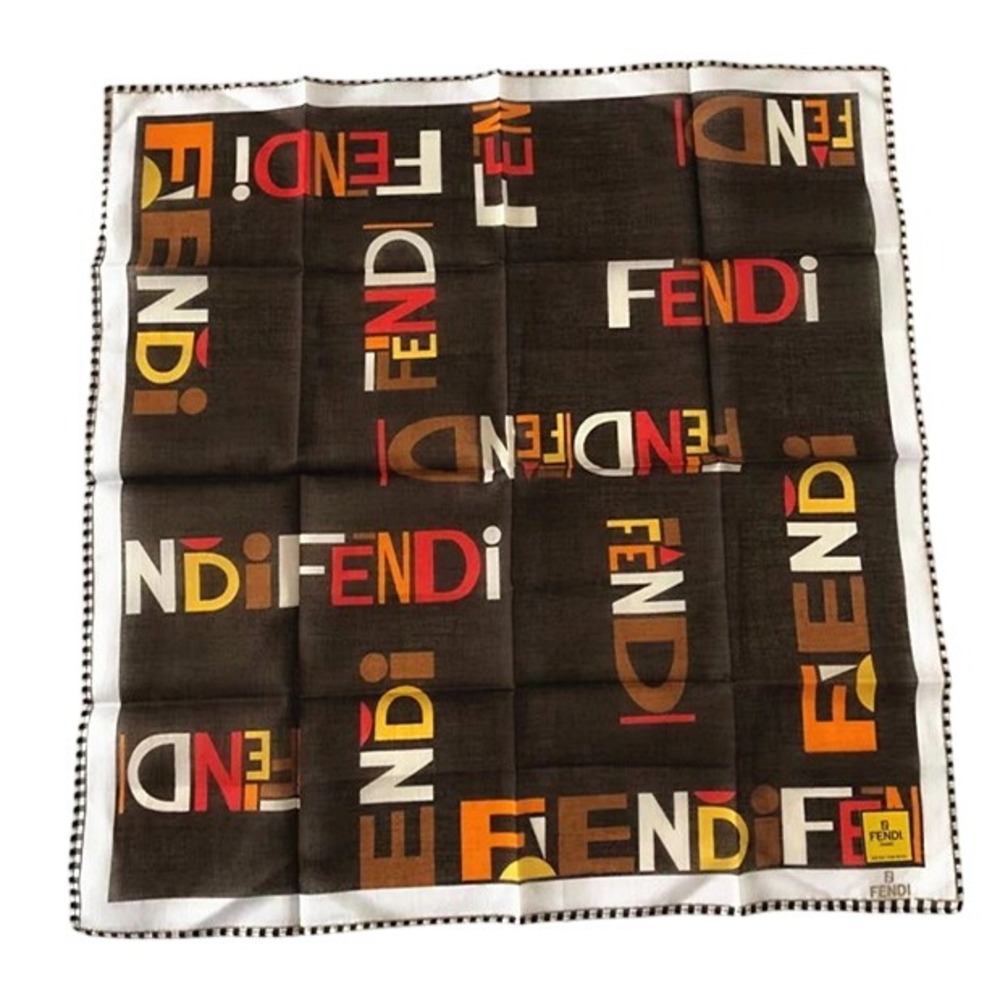 Fendi Vintage Cotton Handkerchief Brown Multi Color Block Logo Scarf 19.5in